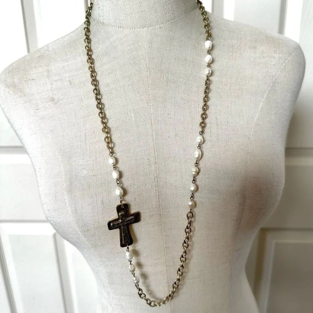 Silver and gold tone fresh water pearl long cross necklace